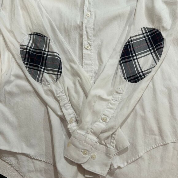 Zara Man Men’s Large Slim Fit White Button Down Shirt Plaid Elbow Patches - Picture 7 of 7